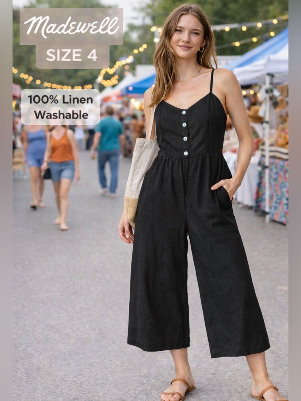 Madewell 100% Linen Wide Leg Jumpsuit Womens sz 4 Black Washable boho festival
